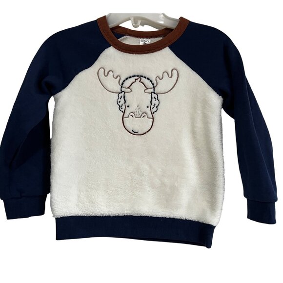 Carter's Other - Carter's Fleece Reindeer Sweater Sz 5T Boys Cream & Navy Blue Soft Pullover